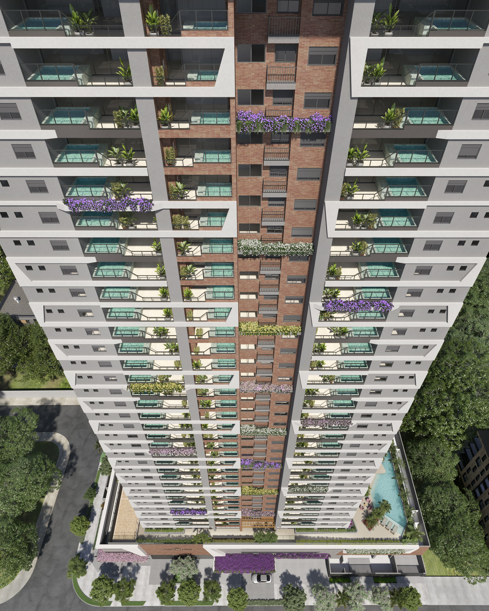Detalhe da fachada do Cinque Terre Residenze com piscinas privativas nas varandas
