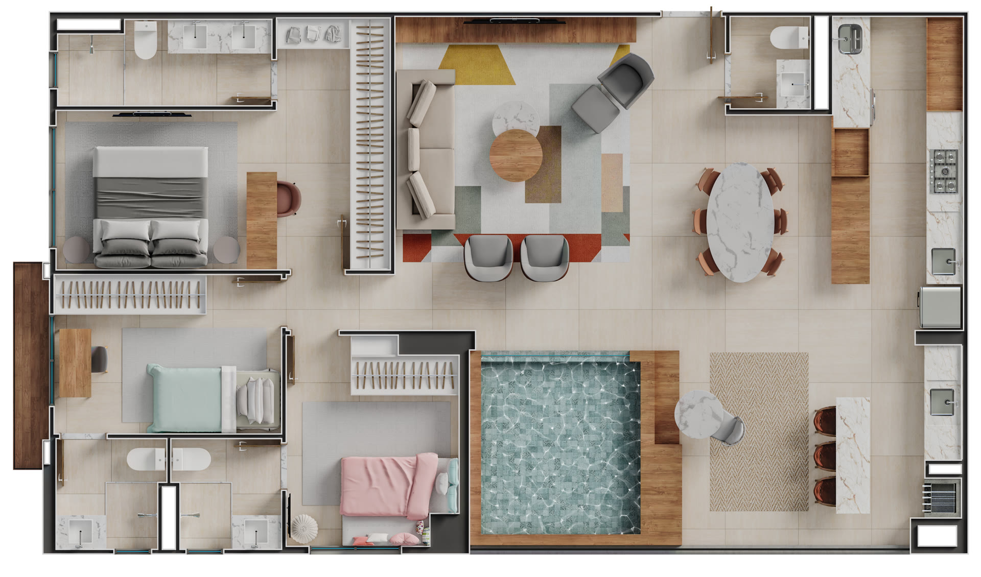 Planta do apartamento de 142,65 m² do Cinque Terre Residenze