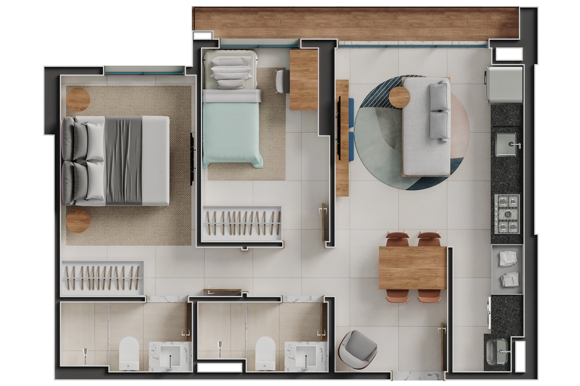 Planta do apartamento de 58,13 m² do Cinque Terre Residenze