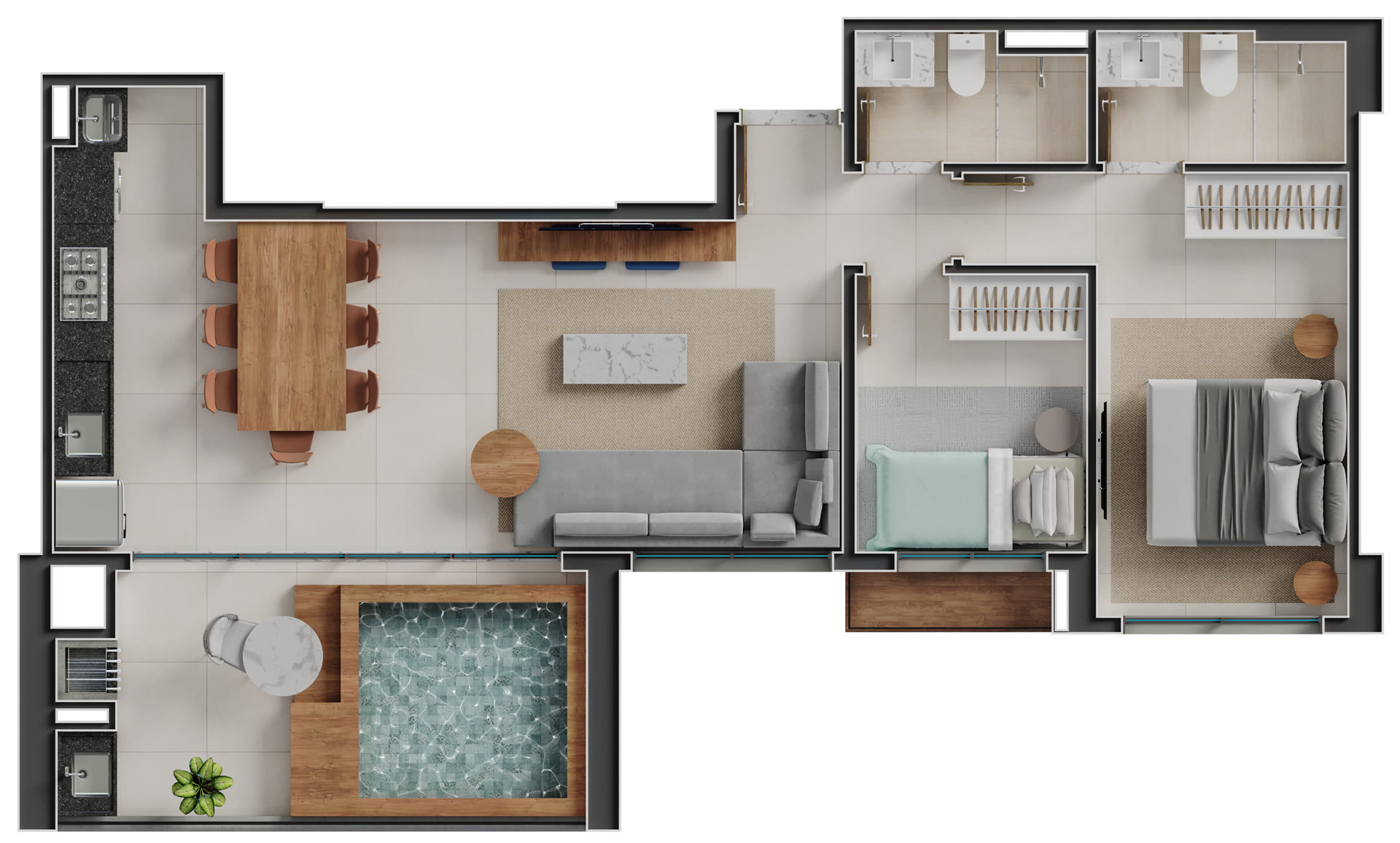Planta do apartamento de 79,99 m² do Cinque Terre Residenze