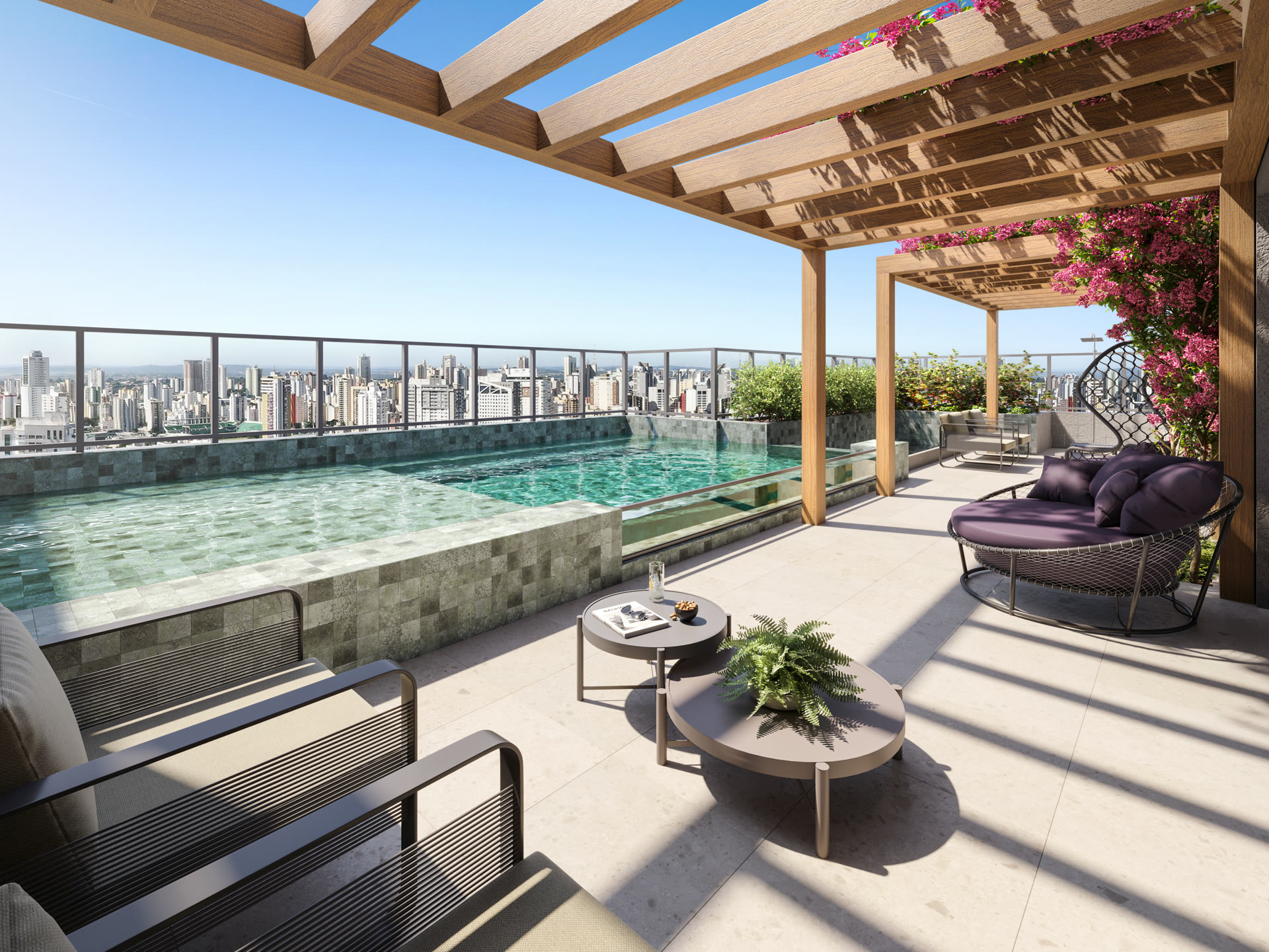 Varanda do rooftop com vista para a cidade